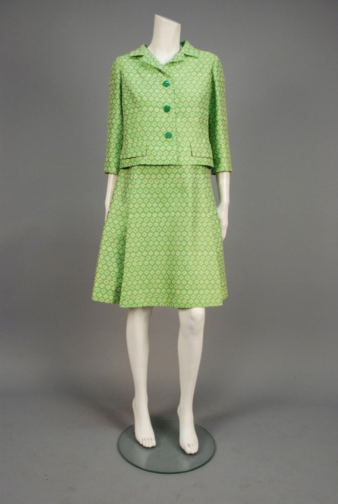 SILK JACQUARD DRESS and JACKET SET, 1960s. Apple green (1 of 3)