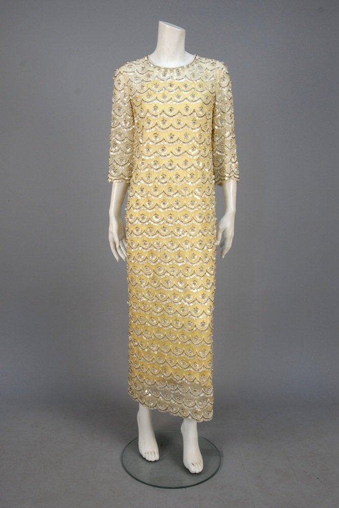 MOLLIE PARNIS JEWELED EVENING DRESS, 1960s. Palest (1 of 5)