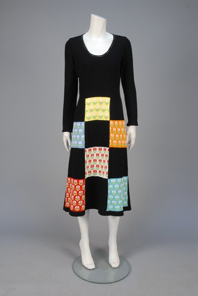 PATCHWORK KNIT DRESS, 1970s. Long sleeve black A-line (1 of 2)