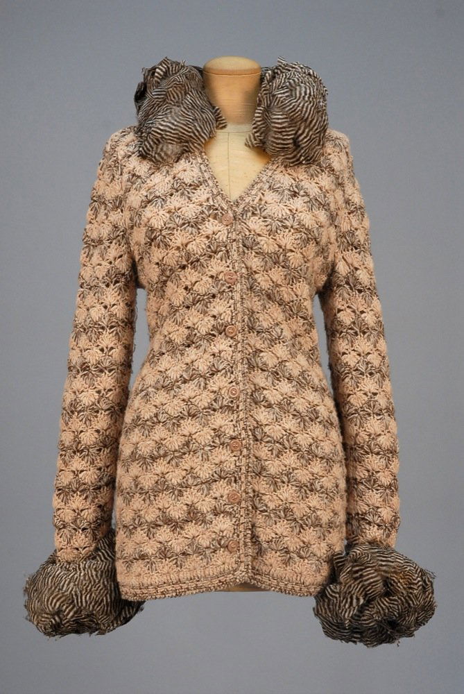 YVES SAINT LAURENT FEATHER TRIMMED CARDIGAN, c. 1970. (1 of 4)