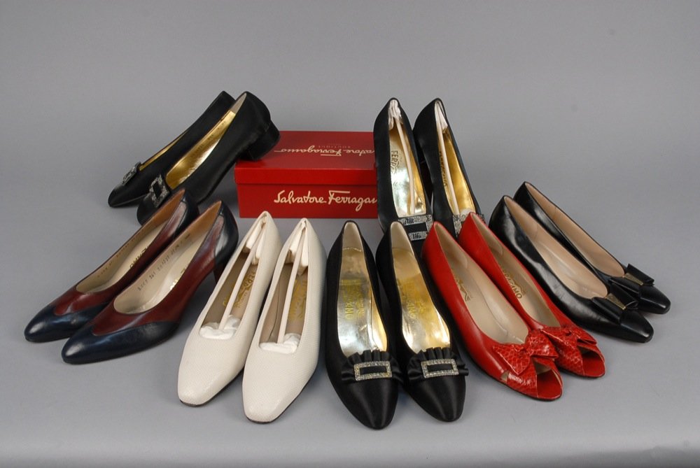 SEVEN PAIR LADIES FERRAGAMO SHOES. Mostly low heel: SEVEN PAIR LADIES FERRAGAMO SHOES. Mostly low heel including black silk with rhinestone buckles, 2-tone, red with snakeskin, etc. All size 9 narrow widths. New unworn condition.
