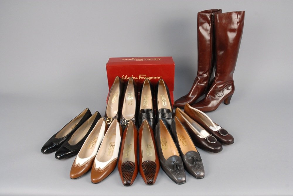 SEVEN PAIR LADIES FERRAGAMO SHOES. All low heeled or (1 of 1)
