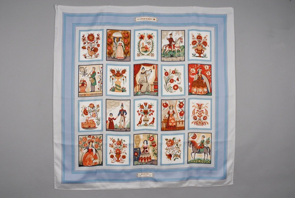 HERMES PRINTED SILK "IMAGERIE" SCARF, ISSUE DATE 1967. (1 of 2)