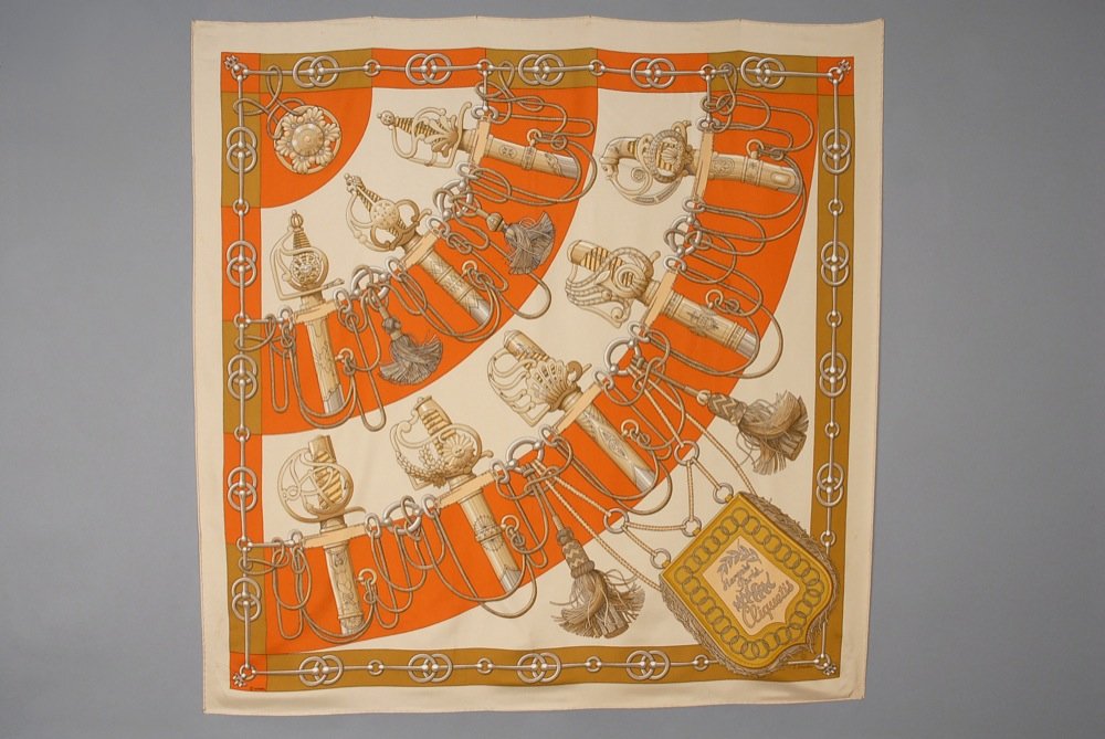 HERMES CLIQUETIS PRINTED SILK SCARF, ISSUED 1972. (1 of 3)