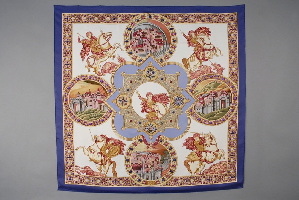 HERMES LE TRIOMPHE du PALADIN PRINTED SILK SCARF, (1 of 2)