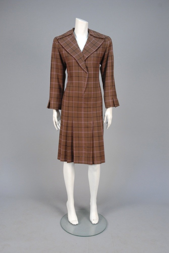 GALANOS WOOL PLAID DAY DRESS, 1987. Brown wool with red (1 of 3)