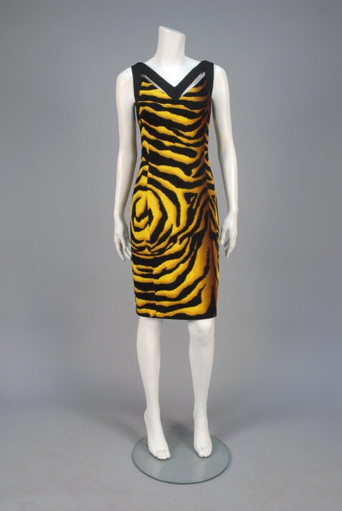 DEADSTOCK VERSACE TIGER STRIPE STRETCH WOOL SHEATH. (1 of 4)
