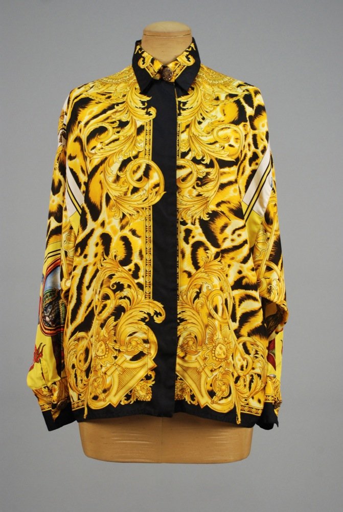 VERSACE PRINTED SILK BLOUSE and FIVE DESIGNER SCARVES. (1 of 3)