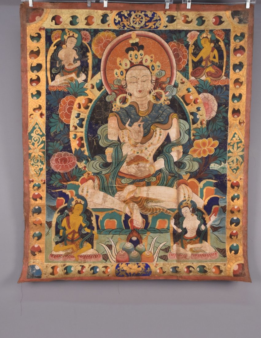 TIBETAN THANGKA, MODERN: Tempera on canvas depicting Shakyamuni. 44 x 54. Good.