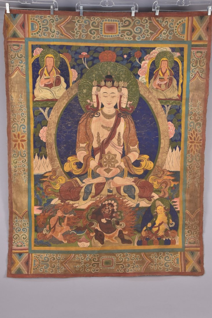 TIBETAN THANGKA, MODERN: Tempera on canvas depicting Vajrayana Buddha. 47 x 62. Good.