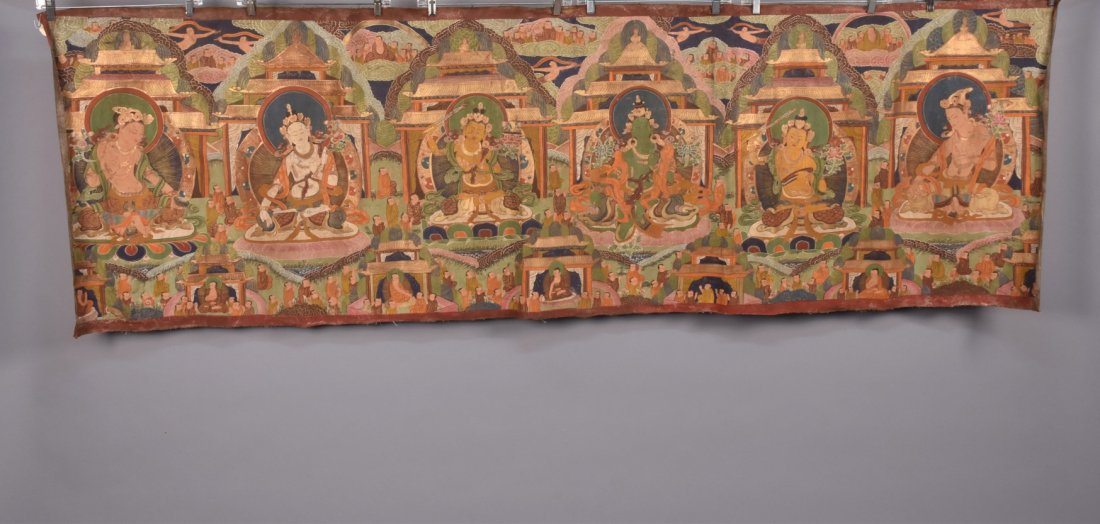 TIBETAN THANGKA, MODERN: Tempera on canvas depicting a long horizontal panel with six manifestations of Buddha and attendants, fine work. 29 x 86. Good.