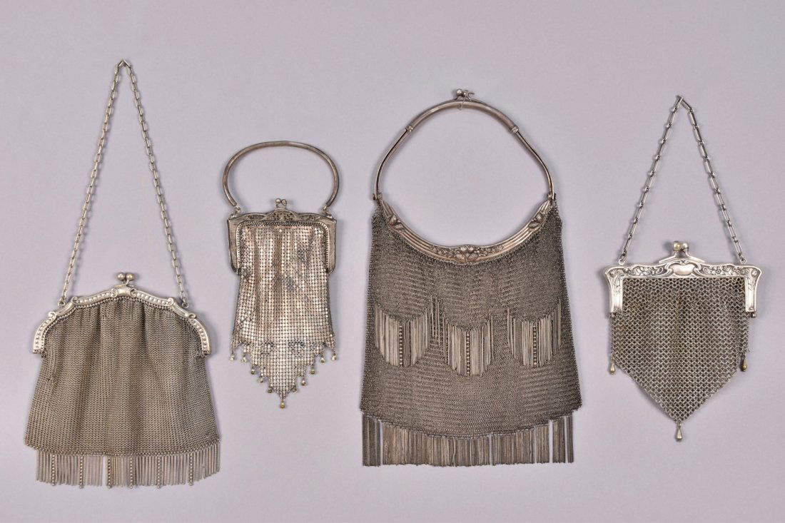 FOUR UNUSUAL METAL MESH PURSES, EARLY 20th C. (1 of 2)