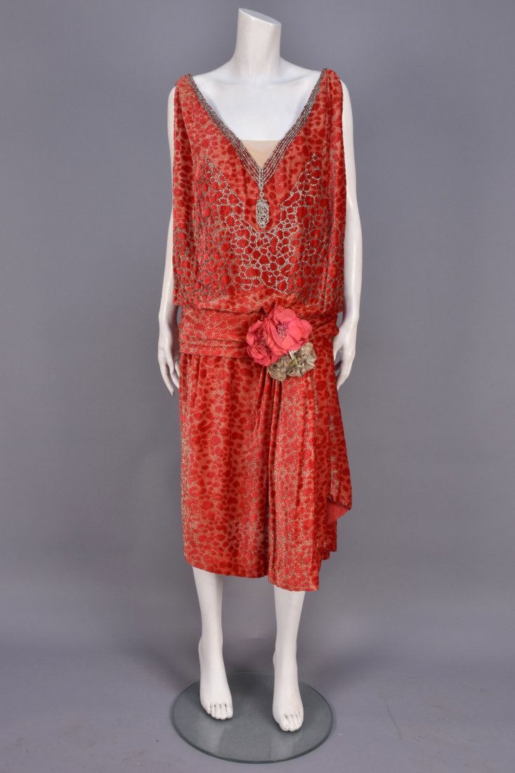 WORTH PRINTED DEVORE VELVET DRESS with RHINESTONES, c. (1 of 6)
