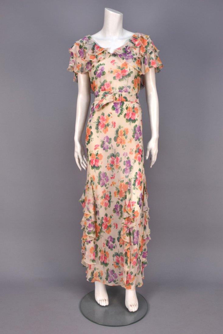 FLORAL PRINTED CHIFFON GOWN, 1930s. (1 of 3)