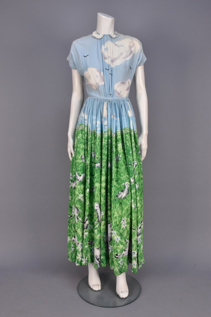 ADRIAN SCENIC PRINTED SILK DRESS with LAMBS, 1940s. (1 of 6)