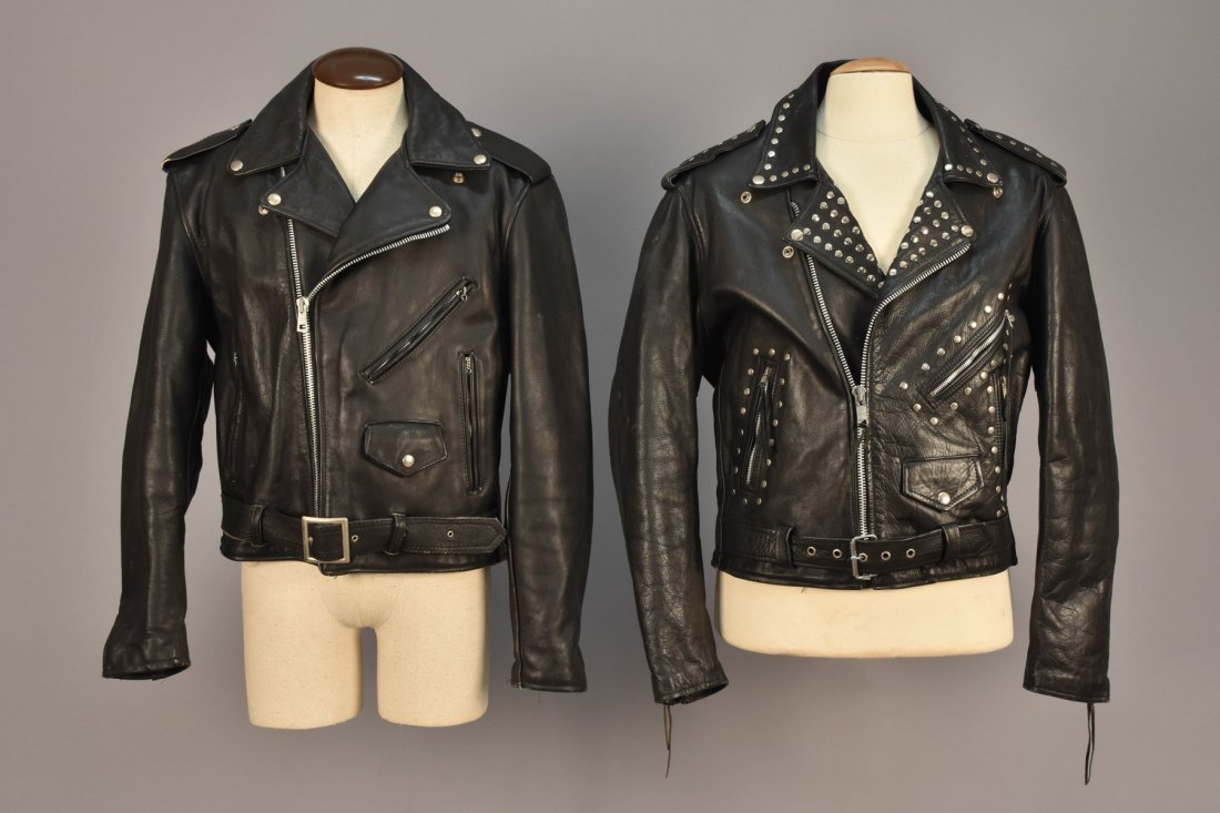 TWO MENS BLACK LEATHER MOTORCYCLE JACKETS, 1970s (1 of 4)