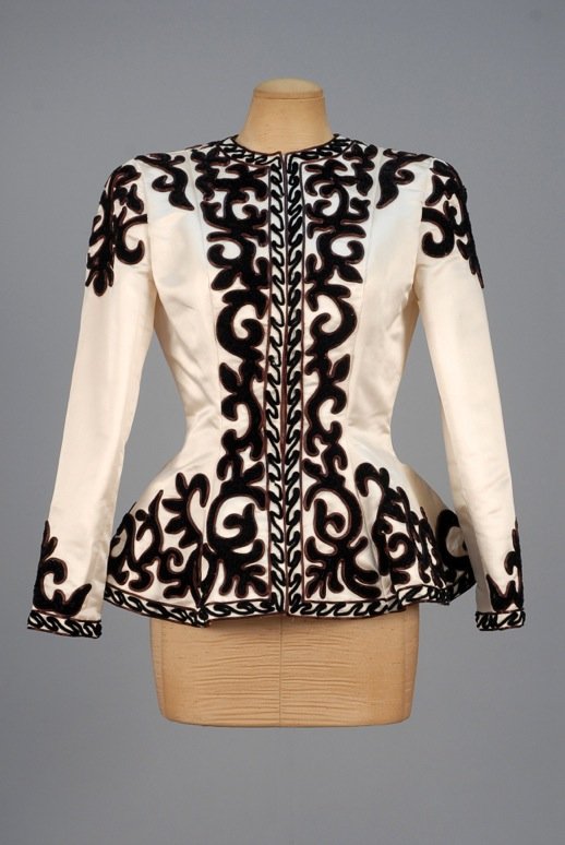 VICTOR COSTA APPLIQUED SATIN EVENING JACKET, 1980s. (1 of 3)