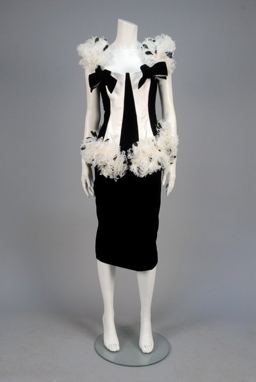 TAN GIUDICELLI COCKTAIL DRESS with FEATHERS, 1980s. (1 of 5)