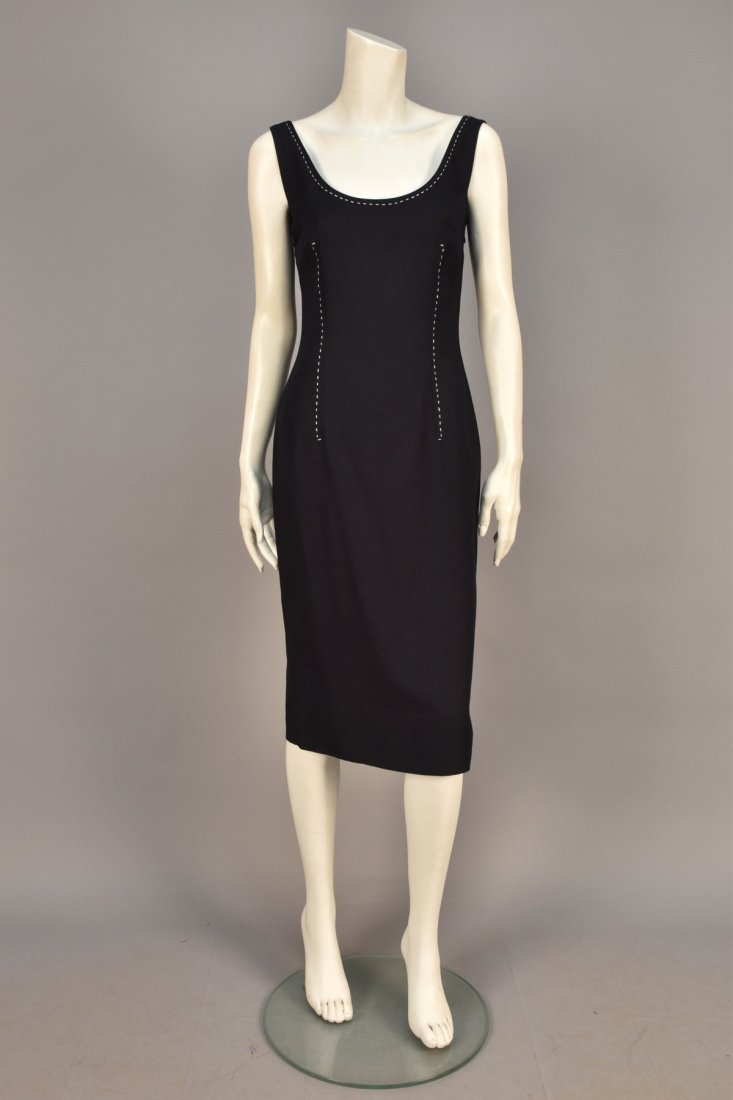 CHRISTIAN DIOR SUMMER DRESS with PICK STITCHING, 2000.: Sleeveless black viscose/linen blend having scoop neck and back, squared armhole, the neckline and vertical darts decorated with white pick stitching, back hem pleat, silk lining. Boutique label. B-36