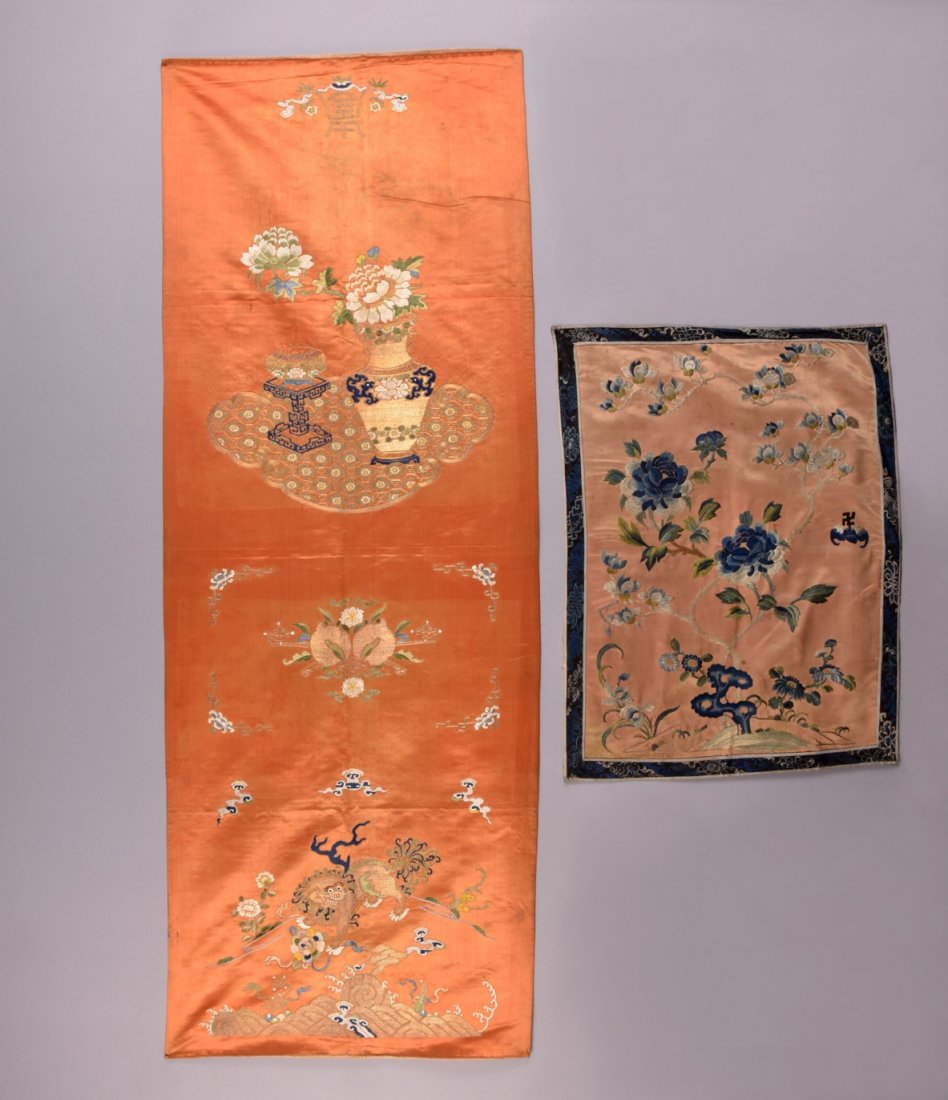 TWO CHINESE SILK EMBROIDERED PANELS, EARLY 20th C. (1 of 4)
