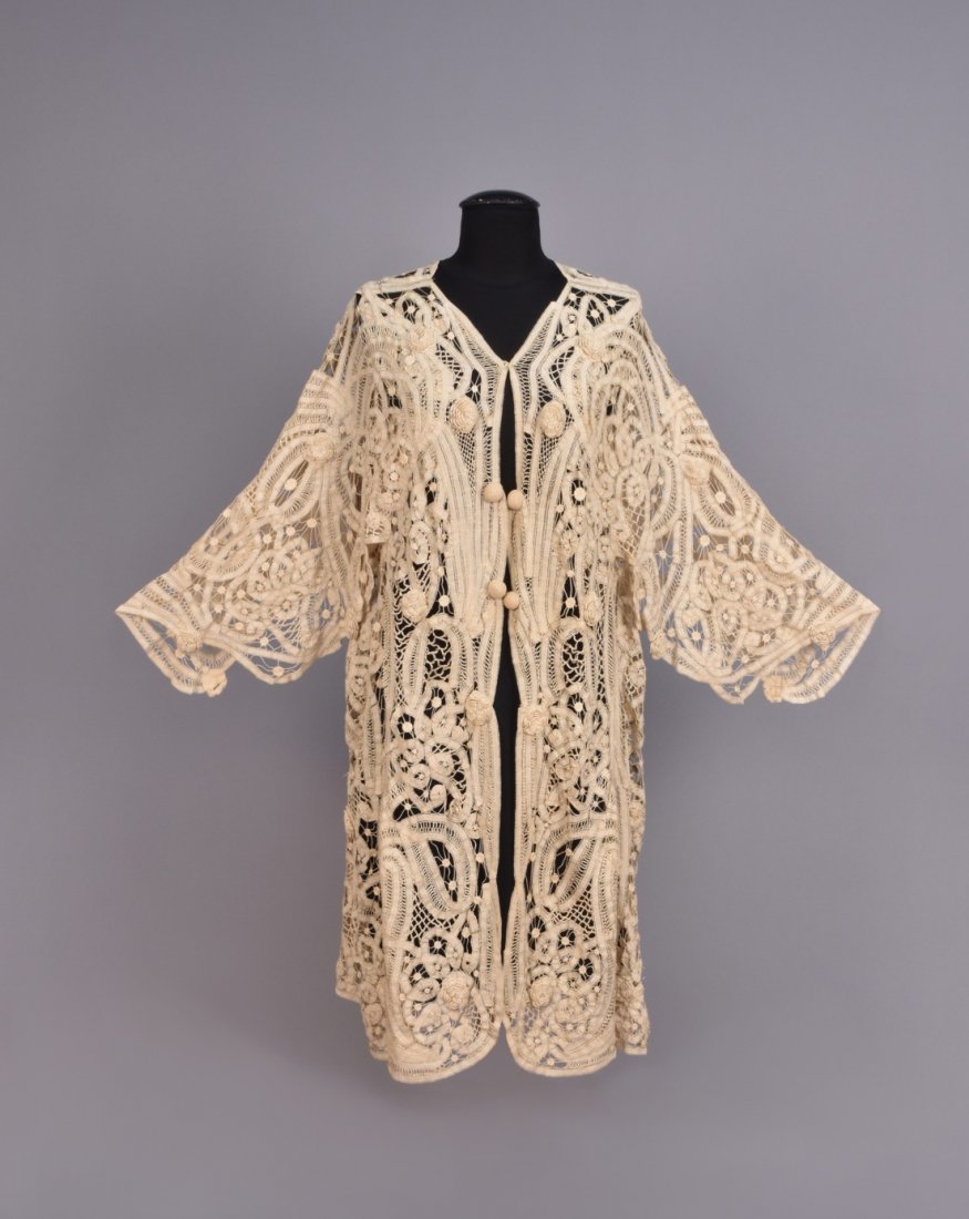 BATTENBURG LACE  COAT with CROCHET FLOWERS, c. 1910. (1 of 4)