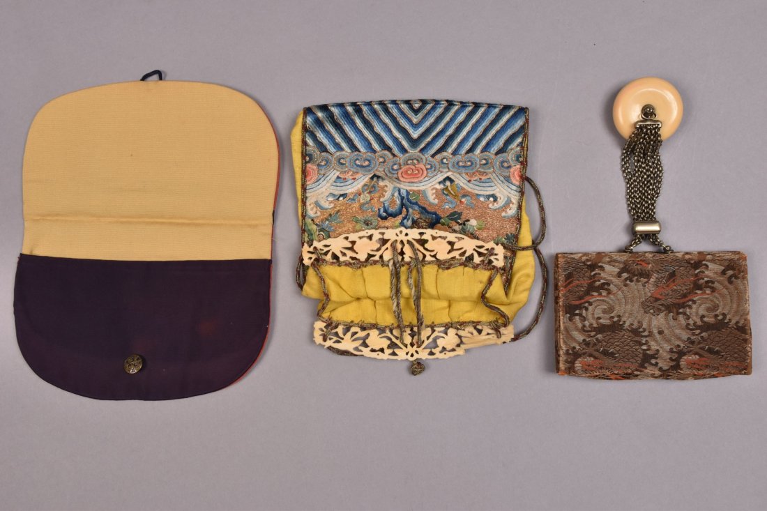 TWO CHINESE POLYCHROME SILK PURSES, LATE 19th - 20th C.: One embroidered pouch having satin stitch figures on a ground of couched metallic gold threads above lui shui border with pierced and carved bone frame, braided cord handles, 7 x 8, ( two small breaks