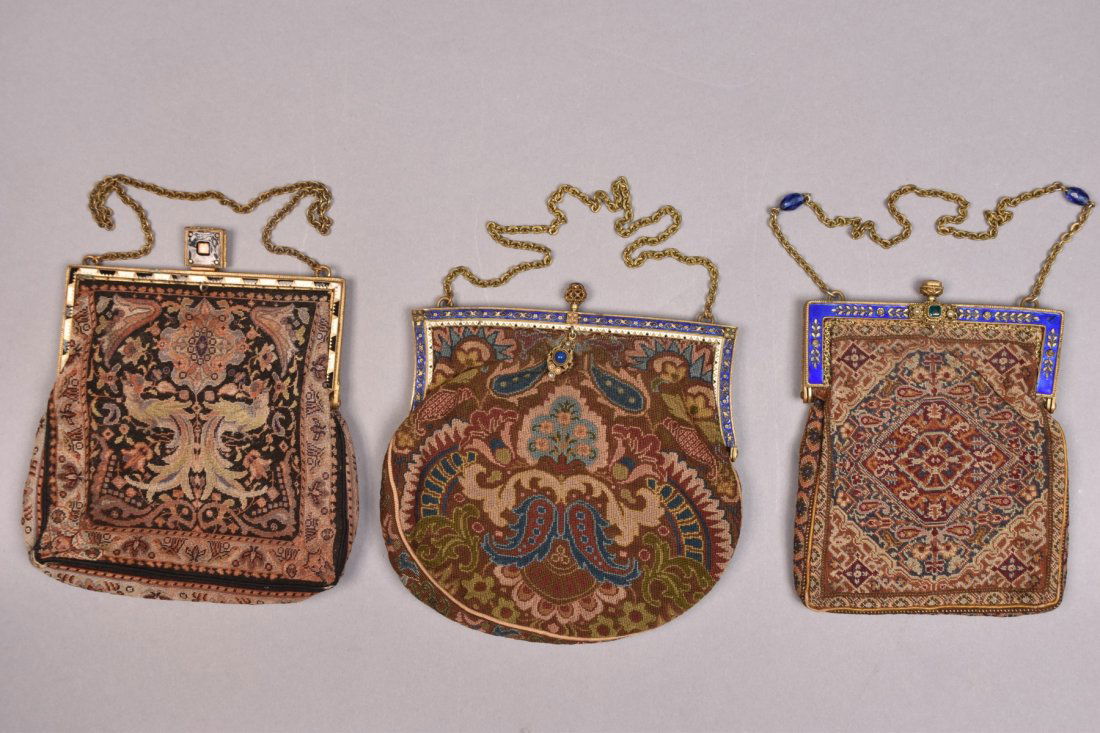 THREE PETIT POINT BAGS with ENAMELED FRAME, EARLY 20th (1 of 4)