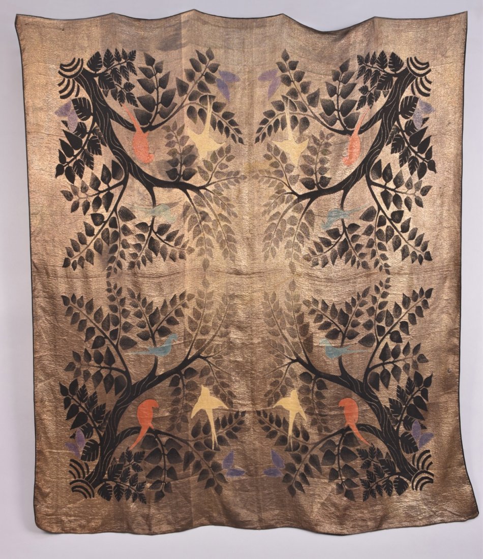 ART DECO GOLD LAME SHAWL with BIRDS.: Gold lamÃ© with black branch in each corner with colored birds, reverses to gold on black silk. 56 x 65. (3-inch tear along one hem at corner, one 1 1/2 at another, few small holes, minor oxidation)