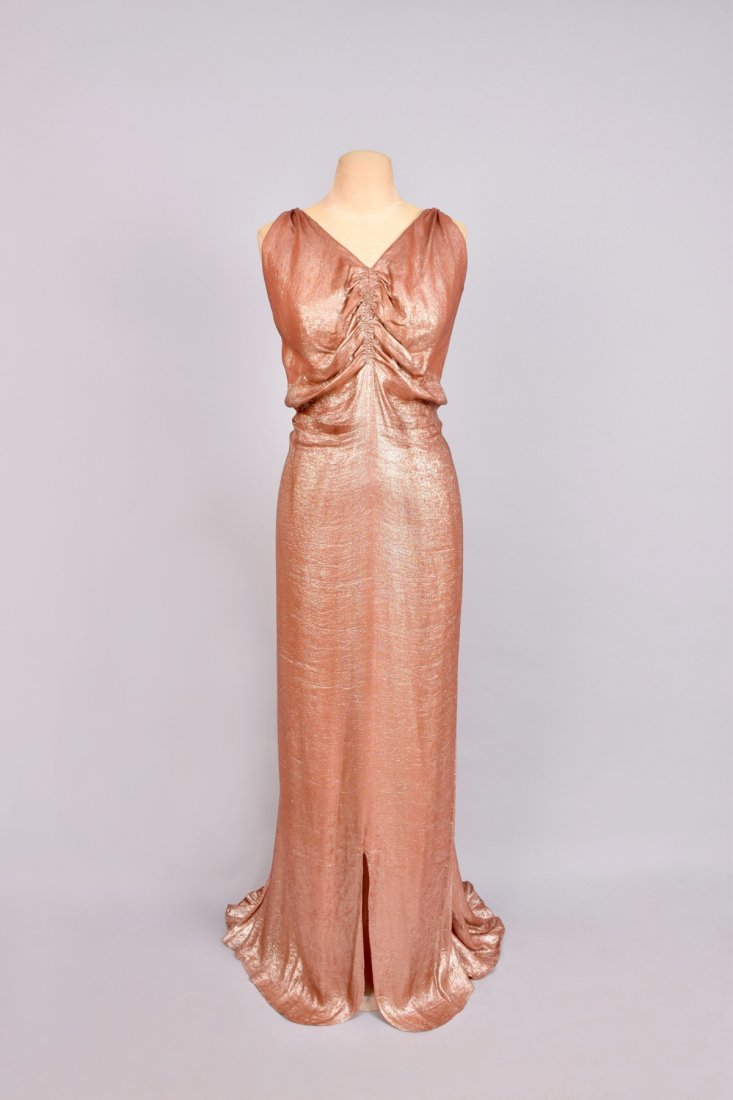 TRAINED HONEYCOMB-BACK LAME EVENING GOWN, 1930s (1 of 5)