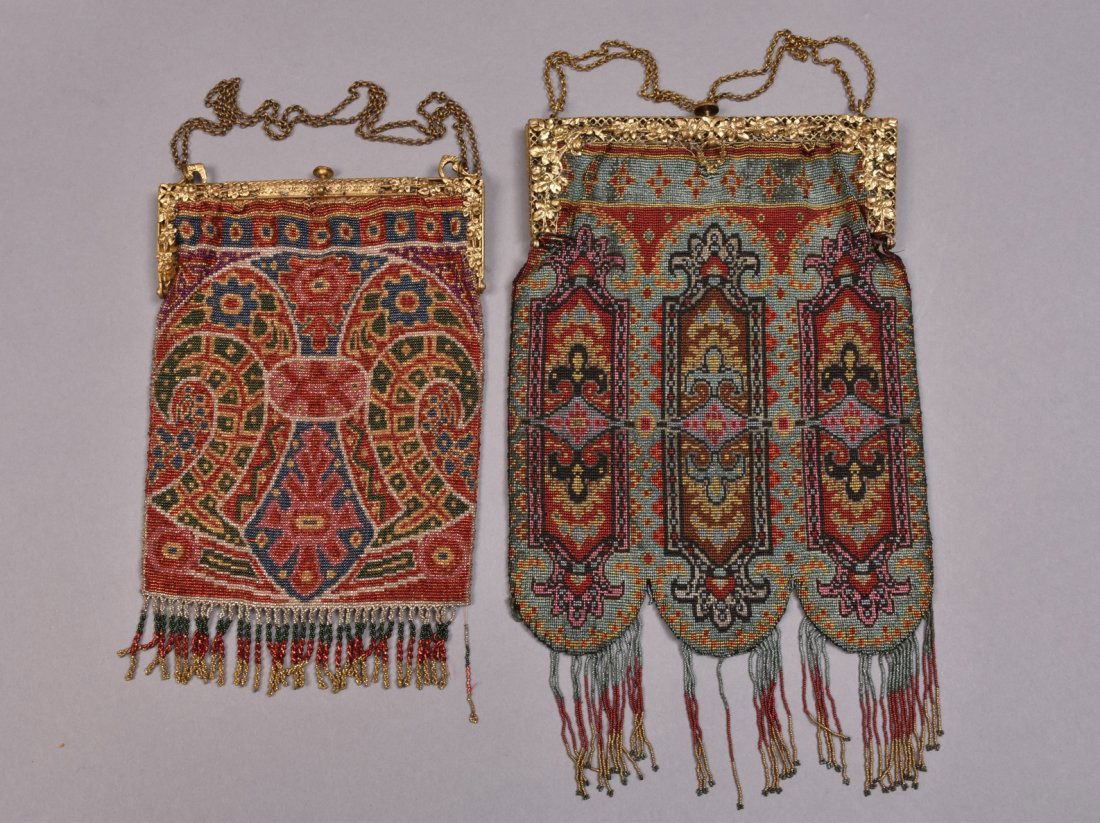 TWO COLORFUL CUT STEEL BEADED BAGS, EARLY 20th C. (1 of 4)