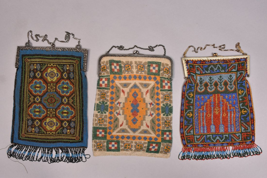 THREE LARGE CARPET DESIGN BEADED BAGS, 1920s. (1 of 3)
