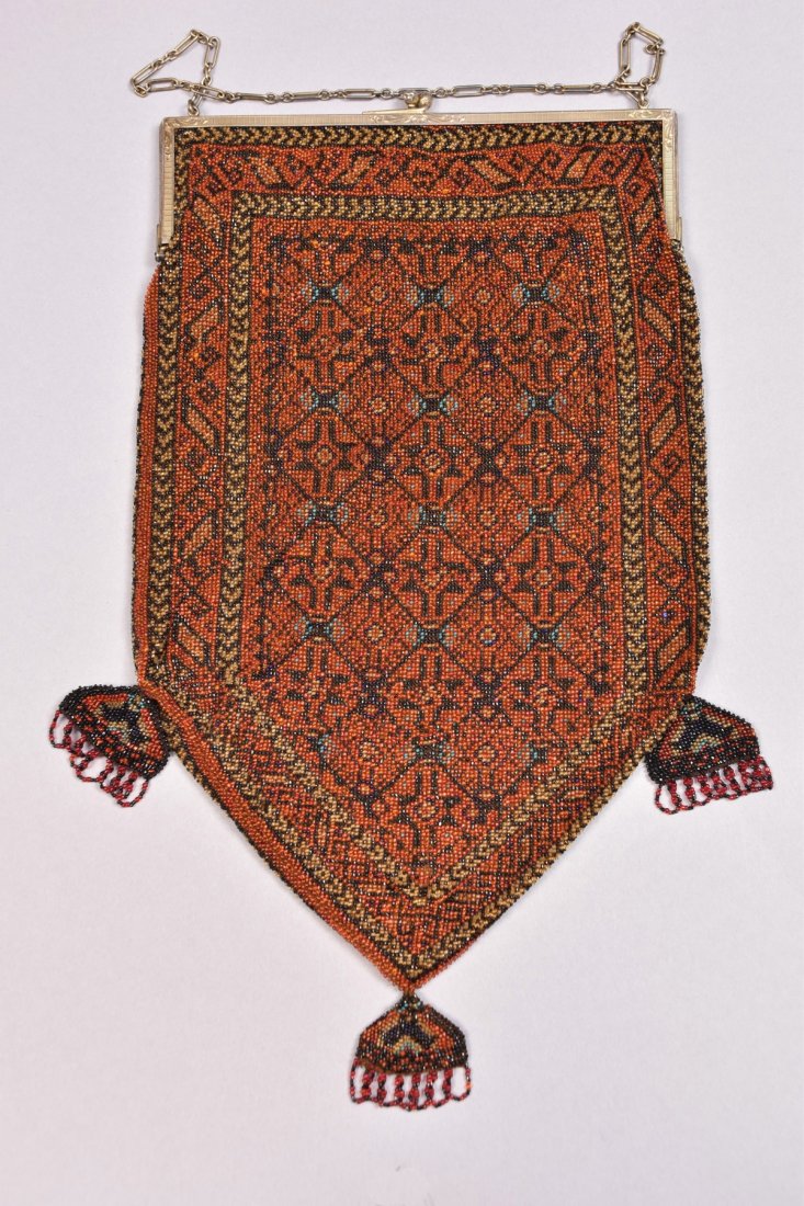 OVERSIZE CARPET DESIGN BEADED BAG, EARLY 20th C. (1 of 3)