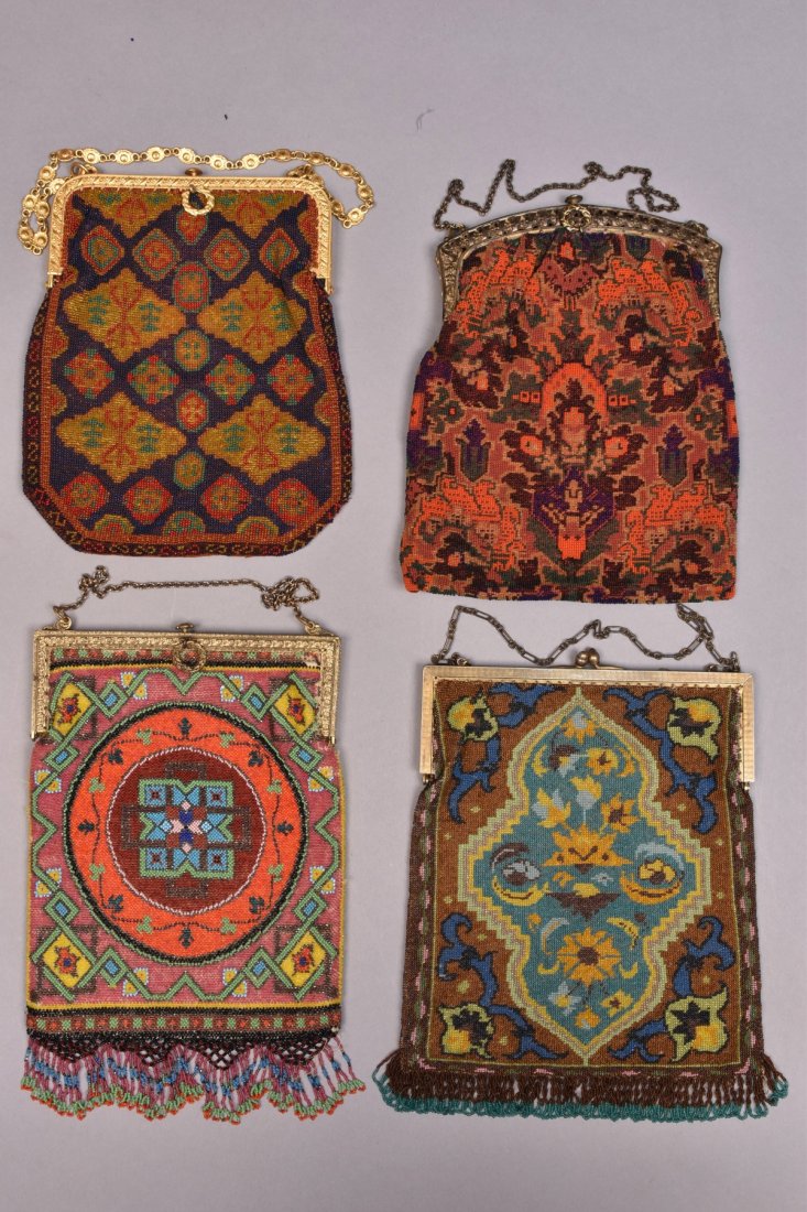 FOUR CARPET DESIGN BEADED BAGS, 1920s. (1 of 3)