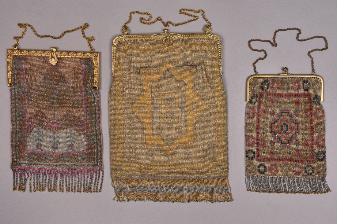 THREE FRENCH MICRO STEEL BEADED BAGS, c. 1920. (1 of 3)