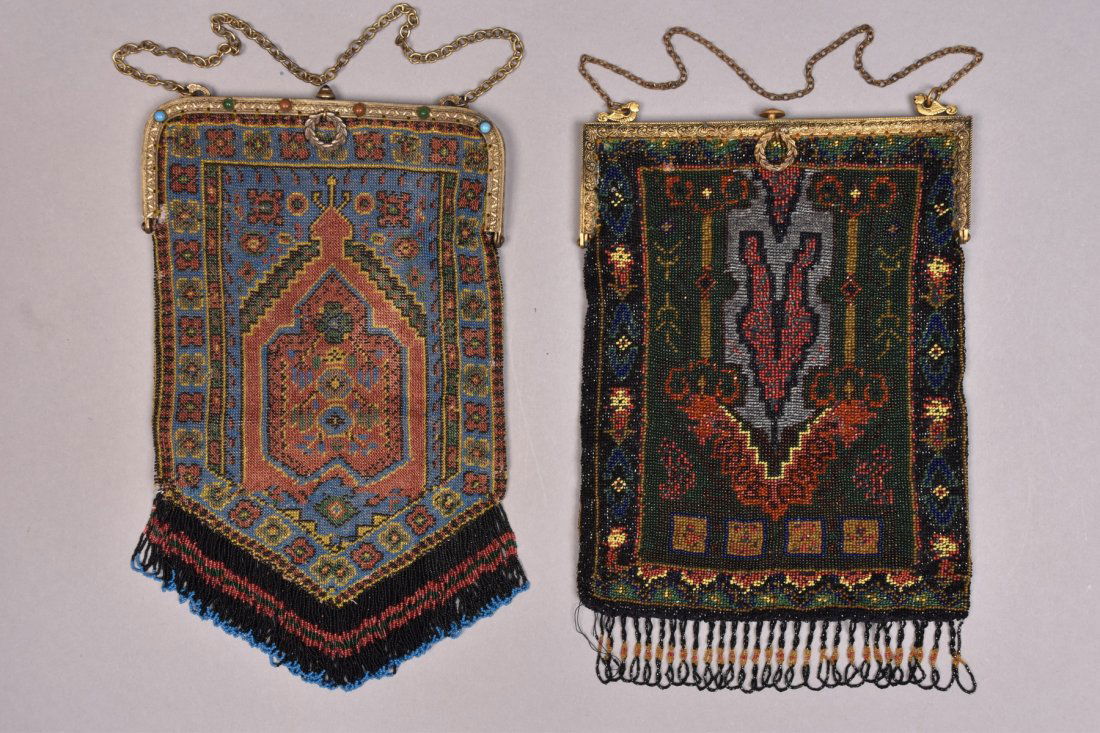 TWO PRAYER CARPET DESIGN BEADED BAGS, EARLY 20th C. (1 of 3)
