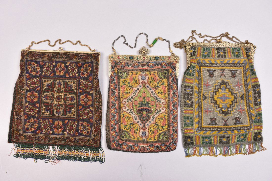 THREE CARPET DESIGN BEADED BAGS, EARLY 20th C. (1 of 5)