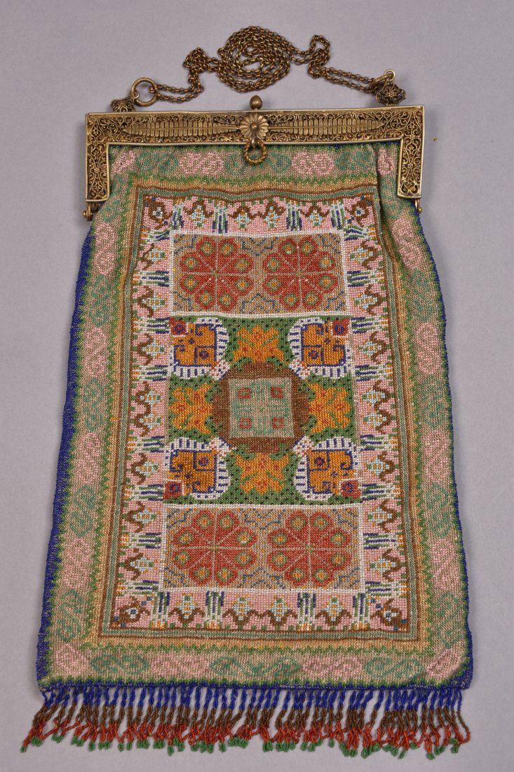 OVERSIZE FRENCH CARPET DESIGN BEADED BAG, EARLY 20th C. (1 of 3)