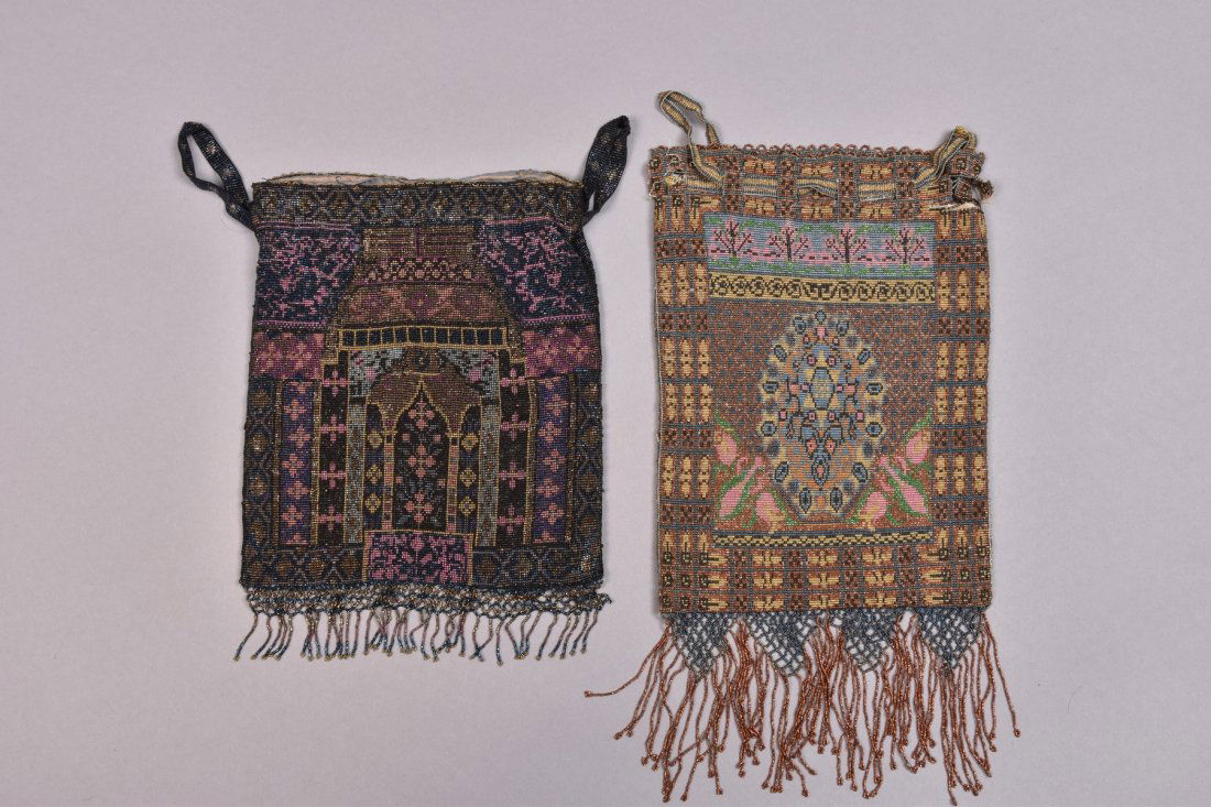 TWO COLORFUL FRENCH MICRO STEEL BEADED PURSES, EARLY (1 of 3)