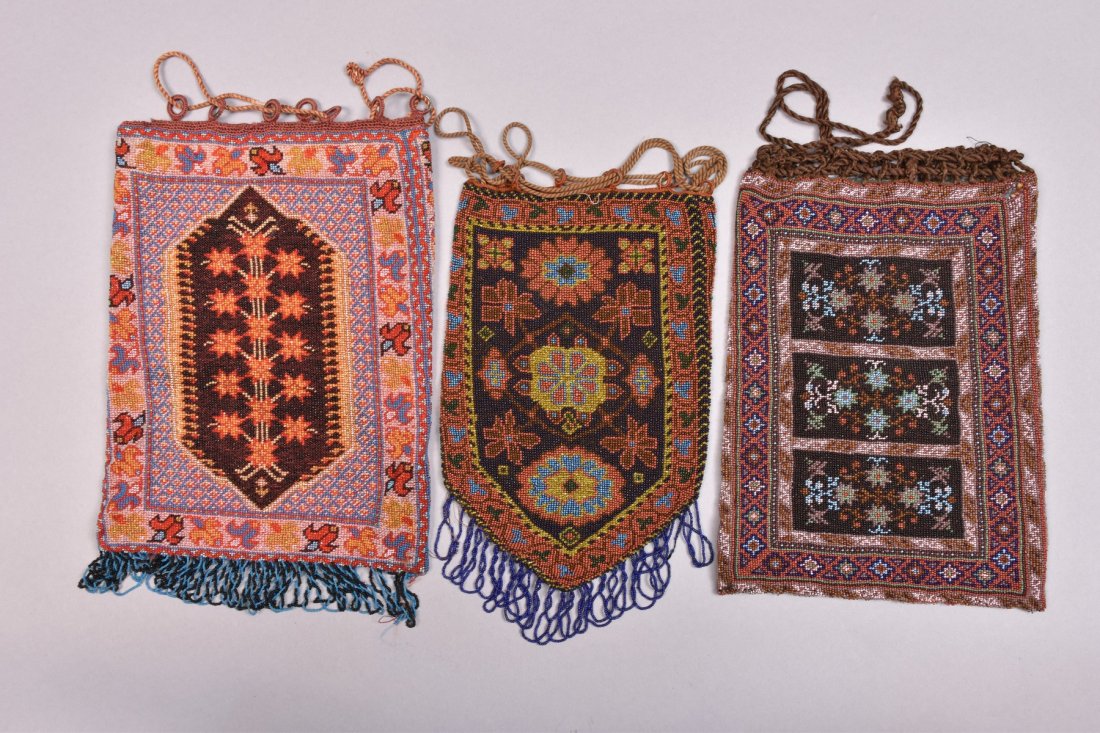 THREE LARGE CARPET DESIGN BEADED BAGS, EARLY 20th C. (1 of 2)