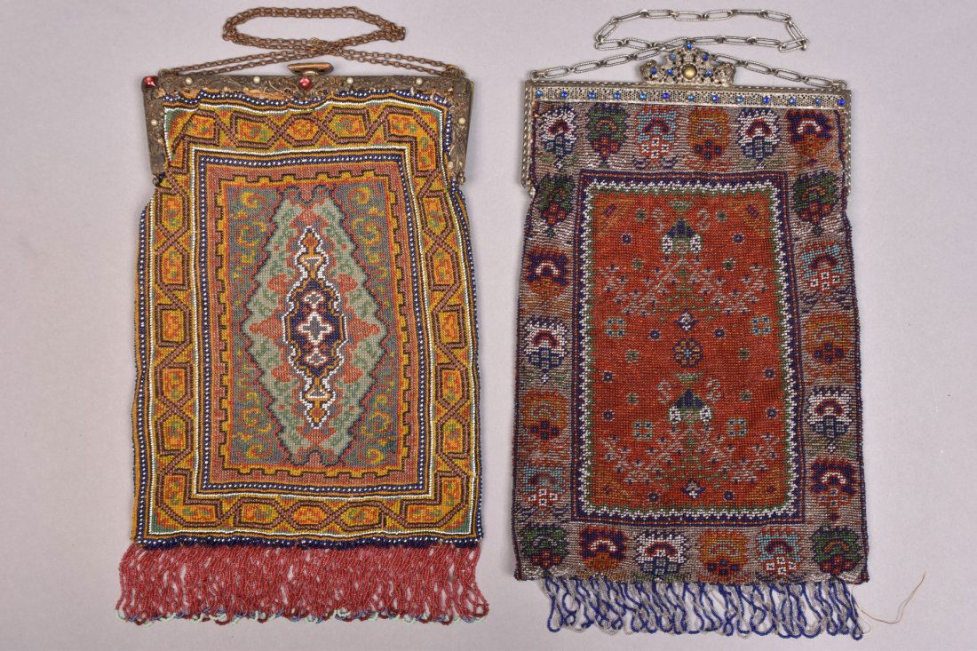 TWO OVERSIZED CARPET DESIGN BEADED BAGS, EARLY 20th C. (1 of 4)