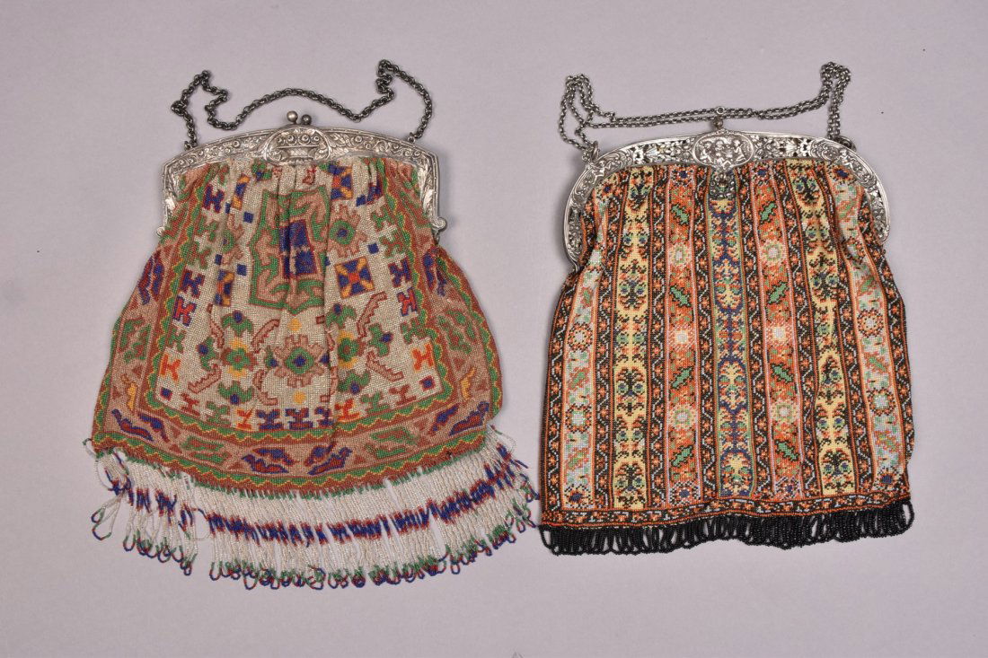 TWO OVERSIZED BEADED BAGS with REPOUSSE FRAME, EARLY (1 of 3)