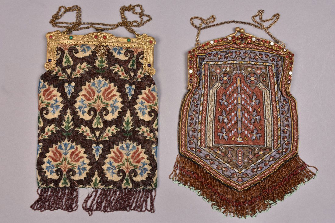 TWO CARPET DESIGN BEADED BAGS with JEWELED FRAME, EARLY (1 of 3)