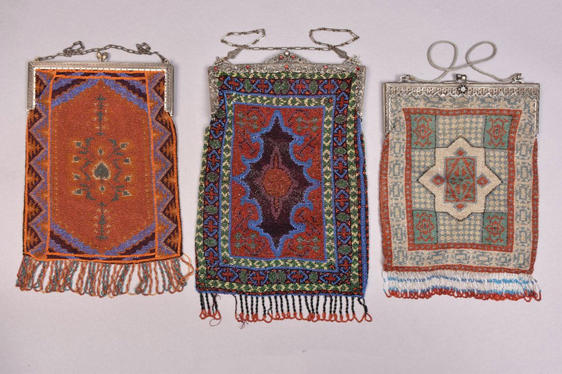 THREE CARPET DESIGN BEADED BAGS, EARLY 20th C. (1 of 3)