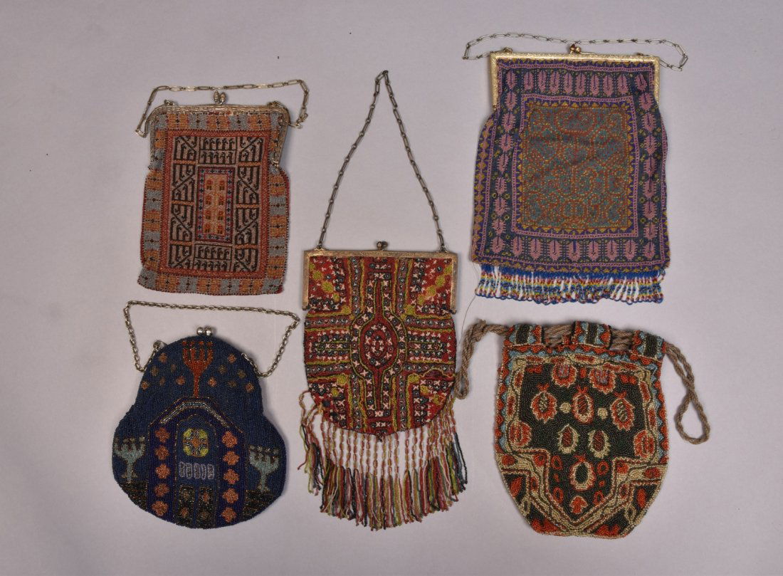 FIVE POLYCHROME CARPET DESIGN BEADED BAGS, EARLY 20th (1 of 4)