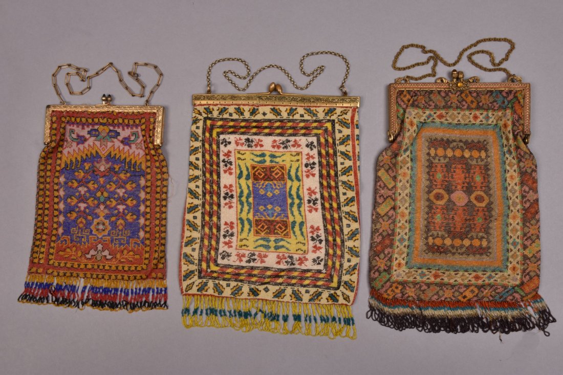 THREE LARGE CARPET DESIGN BEADED BAGS, EARLY 20th C. (1 of 3)