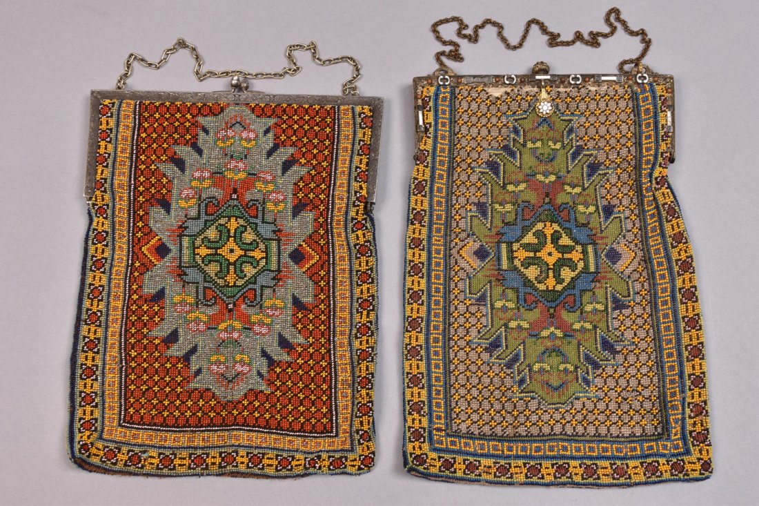 TWO OVERSIZED CARPET DESIGN BEADED BAGS, EARLY 20th C. (1 of 5)