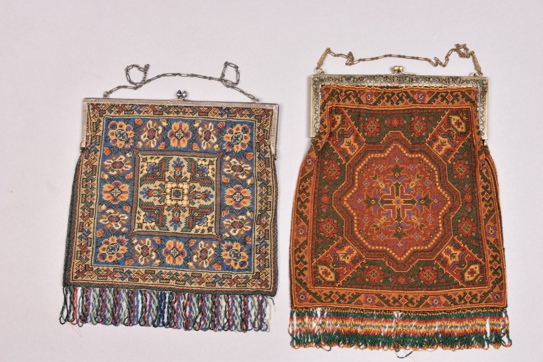 TWO OVERSIZED CARPET DESIGN BEADED BAGS, EARLY 20th C. (1 of 3)