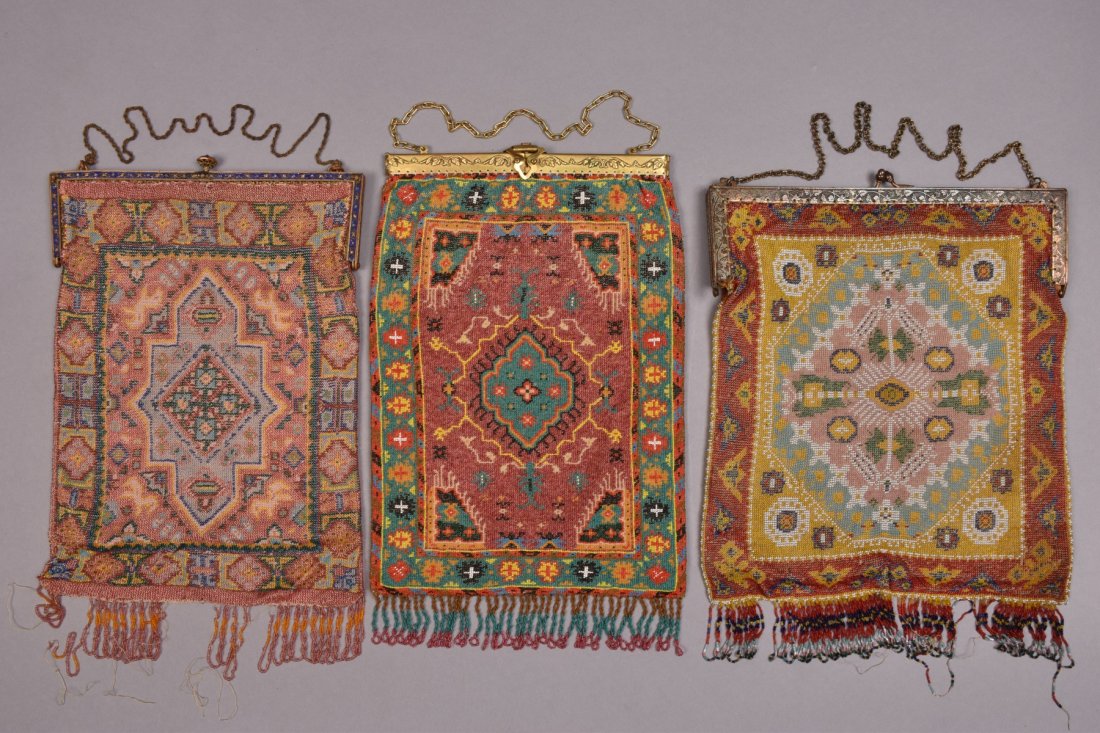 THREE OVERSIZED CARPET DESIGN MICRO-BEADED BAGS, EARLY (1 of 3)