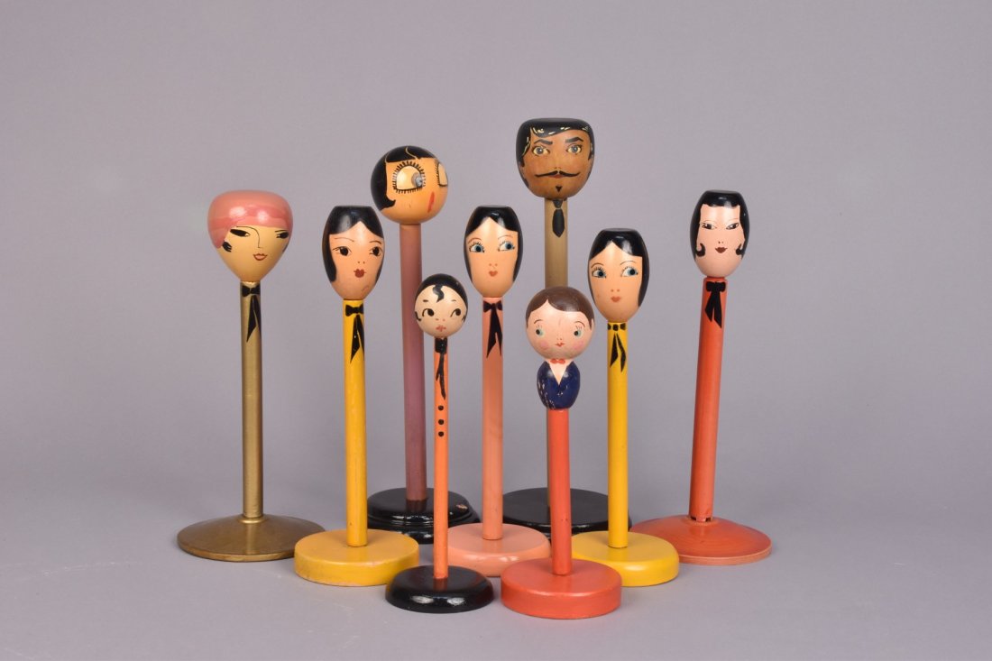 NINE TURNED WOODEN HAT STANDS, c. 1930 (1 of 1)