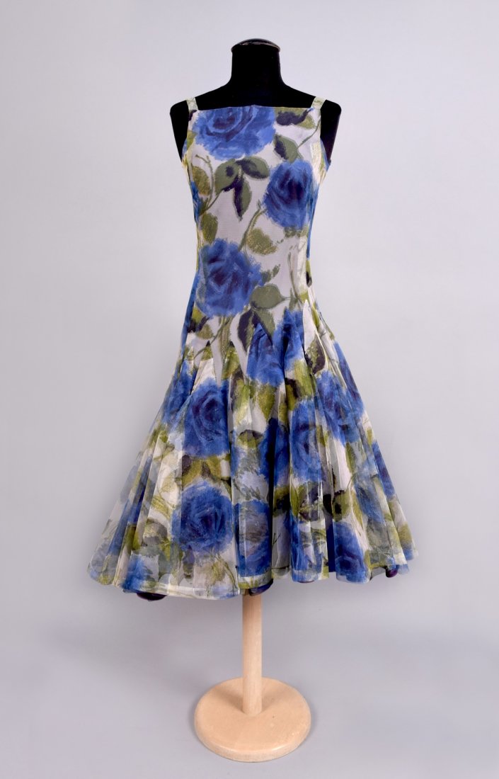 NINA RICCI ASYMMETRIC PRINTED TULLE PARTY DRESS, 1950s. (1 of 4)